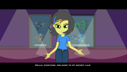 Size: 4800x2700 | Tagged: safe, artist:razethebeast, oc, oc only, oc:pauly sentry, equestria girls, absurd resolution, clothes, dialogue, equestria girls-ified, female, gun, looking at you, looking back, pants, smiling, solo, weapon, widescreen