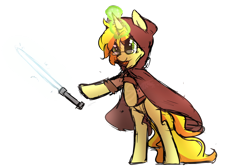 Size: 1024x683 | Tagged: safe, artist:silverknight27, oc, oc only, oc:sigil, pony, unicorn, bipedal, bipedal leaning, cloak, clothes, female, glowing horn, leaning, lightsaber, magic, mare, simple background, solo, star wars, transparent background, weapon