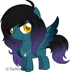 Size: 600x618 | Tagged: safe, artist:t-aroutachiikun, oc, oc only, oc:mystic flare, pegasus, pony, charm, chibi, colored pupils, colored wings, colored wingtips, female, heart, jewelry, looking at you, mare, necklace, simple background, solo, spread wings, tongue out, transparent background