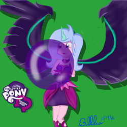 Size: 1200x1200 | Tagged: safe, artist:twibubblegum, midnight sparkle, oc, oc only, oc:sugerless bubblegum, equestria girls, bubble, bubblegum, clothes, costume, female, food, green background, gum, my little pony logo, nightmare night, simple background, solo, spread wings