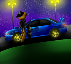 Size: 577x518 | Tagged: safe, artist:chasityarcherkiller, oc, oc only, oc:darren cuffs, car, clothes, jacket, smirk, subaru, subaru impreza