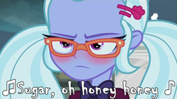 Size: 848x478 | Tagged: safe, edit, edited edit, edited screencap, screencap, sugarcoat, equestria girls, friendship games, annoyed, blushing, female, lyrics, music, music notes, pigtails, reference, solo, song reference, sugar sugar, sugarcoat is not amused, text, the archies, tsundere, tsunderecoat, twintails, unamused