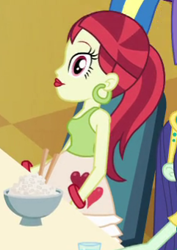 Size: 241x340 | Tagged: safe, screencap, blueberry cake, rose heart, equestria girls, equestria girls (movie), bracelet, chopsticks, cropped, cup, ear piercing, earring, food, heart, helping twilight win the crown, jewelry, looking at you, piercing, rice