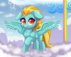 Size: 893x720 | Tagged: safe, artist:confetticakez, lightning dust, pegasus, pony, cloud, female, floppy ears, looking at you, mare, rainbow waterfall, solo, spread wings