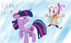 Size: 1670x1024 | Tagged: safe, artist:starlightflopple, twilight sparkle, human, chloe carmichael, crossover, the fairly oddparents, timmy turner, voice actor joke