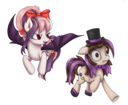 Size: 2224x1828 | Tagged: safe, artist:thebowtieone, oc, oc only, oc:bowtie, oc:sweet velvet, bat pony, pony, bow, bowtie, clothes, colored pupils, duo, female, floppy ears, flying, hair bow, hat, mare, raised hoof, running, scared, simple background, socks, spread wings, top hat, transparent background