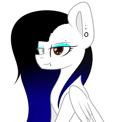 Size: 1340x1407 | Tagged: safe, artist:despotshy, oc, oc only, oc:cyan crystal, pegasus, pony, bust, colored pupils, ear piercing, eyebrow piercing, eyeliner, eyeshadow, female, lidded eyes, lip piercing, makeup, mare, one eye closed, piercing, portrait, simple background, sitting, smiling, solo, transparent background, wink