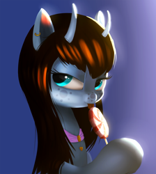 Size: 1850x2069 | Tagged: safe, artist:glukoloff, oc, oc only, bedroom eyes, bust, candy, food, jewelry, lollipop, necklace, portrait, solo
