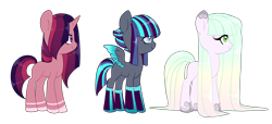 Size: 2129x967 | Tagged: safe, artist:kittii-kat, oc, oc only, oc:cyan streak, oc:evening star, oc:pastelle paradise, earth pony, pegasus, pony, unicorn, simple background, transparent background