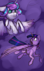 Size: 1080x1720 | Tagged: safe, artist:chibadeer, princess flurry heart, twilight sparkle, twilight sparkle (alicorn), alicorn, pony, cloud, colored sketch, flying, lip bite, no pupils, older