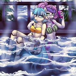 Size: 1000x1000 | Tagged: safe, artist:fur-what-loo, coco pommel, sweetie belle, anthro, cyborg, unguligrade anthro, bath, belly button, beverage, breasts, cellphone, cleavage, clothes, coco puffs, commission, cup, duo, duo female, female, hot tub, older, open mouth, phone, sweetie boobs, swimming pool, swimsuit