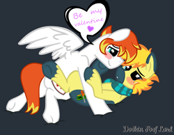 Size: 4500x3500 | Tagged: safe, artist:dookin, edit, oc, oc only, oc:dookin foof lord, oc:yaktan, absurd resolution, blushing, clothes, cuddling, cute, dialogue, gay, heart, hoof on cheek, love, male, oc x oc, scarf, shipping, snuggling, text, valentine, valentine's day