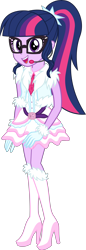 Size: 1772x5135 | Tagged: safe, artist:osipush, part of a set, sci-twi, twilight sparkle, equestria girls, absurd resolution, boots, clothes, commission, dress, female, glasses, gloves, headset, high heel boots, high heels, legs, looking at you, microphone, open mouth, ponytail, shoes, simple background, skirt, smiling, solo, transparent background, vector, winter outfit