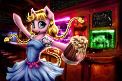 Size: 1200x800 | Tagged: safe, artist:salterino, oc, oc only, oc:caramel malt, pony, semi-anthro, unicorn, 2017, bar, cider, clothes, female, hooves, horn, looking at you, mare, mug, open mouth, ponyville ciderfest, solo, tankard