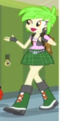 Size: 250x500 | Tagged: safe, screencap, cherry crash, equestria girls, friendship games, backpack, boots, cherry, clothes, cropped, ear piercing, earring, fingerless gloves, food, gloves, high heel boots, jewelry, lockers, piercing, raised leg, solo, wrong aspect ratio