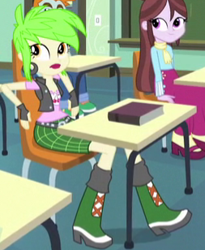 Size: 253x308 | Tagged: safe, screencap, cherry crash, snips, velvet sky, equestria girls, friendship games, book, boots, cherry, clothes, cropped, ear piercing, earring, fingerless gloves, food, gloves, high heel boots, jewelry, piercing, raised leg, shoes
