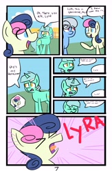 Size: 6742x10342 | Tagged: safe, artist:provolonepone, bon bon, linky, lyra heartstrings, shoeshine, sweetie drops, pony, comic:lyra's verse, absurd resolution, bonshine, comic, dialogue, female, lesbian, lyrabon, ponyville, shipping, shout, yell