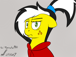 Size: 1024x768 | Tagged: safe, artist:xwoofyhoundx, oc, oc only, oc:uppercute, earth pony, pony, art trade, bust, clothes, floppy ears, freckles, frown, gray background, grumpy, hoodie, jacket, lidded eyes, looking at you, ponytail, simple background, solo