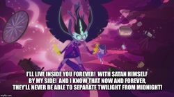 Size: 800x448 | Tagged: safe, screencap, midnight sparkle, sci-twi, twilight sparkle, equestria girls, legend of everfree, confrontation, dr jekyll and mr hyde, illuminati confirmed, image macro, lyrics, meme, satan, song reference, text