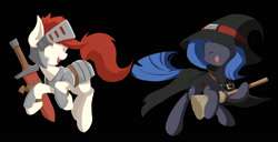 Size: 2250x1152 | Tagged: safe, artist:l8lhh8086, oc, oc only, oc:sain, oc:sword, earth pony, pony, armor, broom, female, hat, mare, minimalist, sword, weapon, witch hat