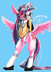 Size: 2039x2894 | Tagged: safe, artist:unousaya, twilight sparkle, twilight sparkle (alicorn), alicorn, pony, bipedal, bottomless, butt wings, clothes, glasses, looking away, partial nudity, shoes, solo, spread legs, spreading, stockings