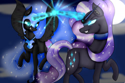 Size: 1800x1200 | Tagged: safe, artist:crazysurprise, nightmare moon, nightmare rarity, duality, magic, moon, raised hoof, self ponidox, time paradox