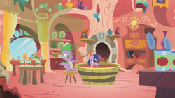 Size: 1280x720 | Tagged: safe, screencap, spike, twilight sparkle, unicorn twilight, dragon, unicorn, season 1, winter wrap up, bath, bathtub, brush, cans, clothespin, curtains, female, male, nose pinch, plugged nose, skunk spray, smell, smelly, stool, tomato juice, visible stench, window