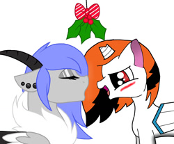 Size: 1280x1061 | Tagged: safe, artist:melodytheartpony, artist:phenioxflame, oc, oc only, oc:phenioxflame, blushing, broken horn, holly, holly mistaken for mistletoe, kissy face, permission asked for recreation