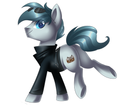 Size: 2530x2097 | Tagged: safe, artist:scarlet-spectrum, oc, oc only, oc:rhythm, earth pony, pony, blue eyes, clothes, commission, jacket, looking at you, male, raised leg, simple background, smiling, solo, stallion, sunglasses, transparent background, underhoof