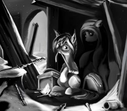 Size: 1024x892 | Tagged: safe, artist:ponsce, oc, oc only, ghost, pony, bandage, can, female, fire, grayscale, mare, monochrome, mouth hold, ruins, sitting, snow