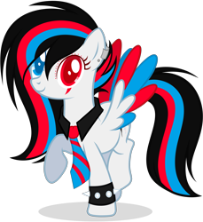 Size: 5141x5617 | Tagged: safe, artist:snowbunny0820, oc, oc only, oc:huirou lazuli, pegasus, pony, absurd resolution, colored pupils, colored wings, colored wingtips, cute, ear piercing, earring, face paint, heterochromia, jewelry, looking at you, multicolored wings, necktie, piercing, raised hoof, raised leg, simple background, smiling, solo, spiked wristband, spread wings, transparent background, wristband