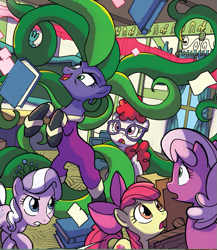 Size: 659x759 | Tagged: safe, artist:tonyfleecs, idw, apple bloom, cheerilee, diamond tiara, mane-iac, twist, earth pony, pony, from the shadows, spoiler:comic, spoiler:comic52, cropped, female, filly, foal, mare, official comic