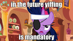 Size: 1280x720 | Tagged: safe, edit, edited screencap, screencap, twilight sparkle, it's about time, eyepatch, future twilight, golden oaks library, image macro, in the future, meme, solo, yiff