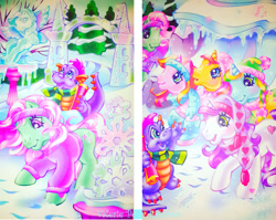 Size: 1280x1020 | Tagged: safe, artist:valerieponyrainbow, brights brightly, master kenbroath gilspotten heathspike, minty, rainbow dash (g3), rarity (g3), sweetie belle (g3), whistle wishes, g3, clothes, official, snow, statue