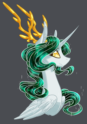 Size: 762x1083 | Tagged: safe, artist:australian-senior, oc, oc only, oc:aletheia invictus, alicorn, kirin, pony, alternate universe, antlers, bust, colored sclera, crossover, goddess, golden eyes, gray background, kirindos, next generation, offspring, parent:oc:arlon invictus, parent:princess celestia, parents:canon x oc, portal, simple background, solo