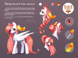 Size: 1280x945 | Tagged: safe, artist:catmag, oc, oc only, oc:elizabeth della marmora, pegasus, pony, braid, feather, female, mare, reference sheet, solo