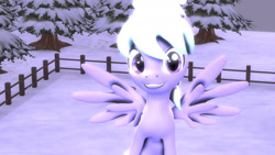 Size: 1280x720 | Tagged: safe, artist:xxfirepiexx, cloudchaser, pony, 3d, fence, looking at you, smiling, snow, solo, spread wings, tree, winter