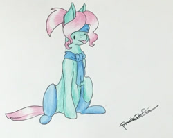 Size: 847x673 | Tagged: safe, artist:ponettedefeu, oc, oc only, oc:💚, earth pony, pony, clothes, scarf, socks, solo, tongue out, traditional art