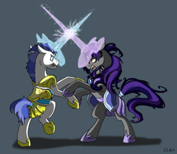 Size: 1600x1387 | Tagged: safe, artist:torusthescribe, pony, unicorn, duel, magic, magic sword, night guard, rearing, royal guard