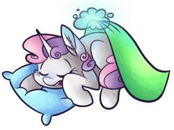 Size: 7016x5230 | Tagged: safe, artist:cutepencilcase, sweetie belle, absurd resolution, blanket, implied rarity, magic, offscreen character, open mouth, pillow, simple background, sleeping, sleepy belle, snoring, solo, transparent background