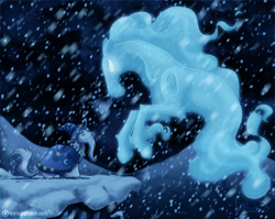 Size: 1024x816 | Tagged: safe, artist:inuhoshi-to-darkpen, star swirl the bearded, windigo, beard, bells, blizzard, cape, clothes, facial hair, glowing eyes, hat, leonine tail, looking at each other, patreon, snow, snowfall, unshorn fetlocks, wizard hat