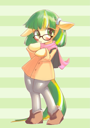Size: 839x1187 | Tagged: safe, artist:unousaya, oc, oc only, oc:star stitcher, earth pony, pony, semi-anthro, backpack, bipedal, blushing, clothes, coat, commission, cute, female, glasses, mare, ocbetes, scarf, solo