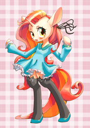 Size: 816x1158 | Tagged: safe, artist:unousaya, oc, oc only, oc:painted paws, pony, semi-anthro, unicorn, bipedal, blushing, clothes, commission, dress, female, looking at you, mare, open mouth, solo