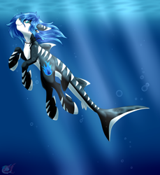 Size: 1500x1641 | Tagged: safe, artist:pinktabico, oc, oc only, oc:midnight light, original species, shark, shark pony, female, fins, ocean, solo, species swap, tail, underwater