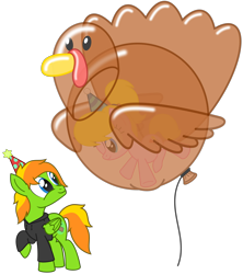 Size: 2650x2986 | Tagged: safe, artist:sny-por, oc, oc only, oc:jax, oc:lola balloon, earth pony, pegasus, pony, balloon, birthday, clothes, couple, hat, hoodie, one eye closed, party hat, ponytail, simple background, thanksgiving, transparent background, turkey, wink