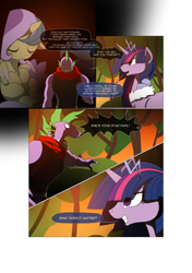 Size: 3541x5016 | Tagged: safe, artist:gashiboka, princess gold lily, princess sterling, spike, twilight sparkle, twilight sparkle (alicorn), alicorn, dragon, pony, comic:recall the time of no return, absurd resolution, comic, older, older spike, tyrant sparkle