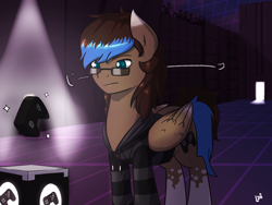 Size: 2800x2100 | Tagged: safe, artist:elzielai, oc, oc only, oc:playthrough, pony, building, clothes, controller, cutie mark, dark, folded wings, glasses, group, hoodie, japanese, looking at something, looking down, male, nerd, nerd pony, pedestal, purple, silhouette, simulation, solo, spotlight, spread wings, stalker, stallion