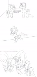 Size: 1206x2463 | Tagged: safe, artist:dsb71013, oc, oc:brisk iron, oc:snowy skies, griffon, pegasus, pony, unicorn, zebra, comic, monochrome, zig zag