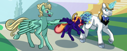 Size: 2000x800 | Tagged: safe, artist:percy-mcmurphy, prince blueblood, zephyr breeze, oc, oc:dream catcher, pegasus, pony, unicorn, magic, magical lesbian spawn, offspring, parent:fluttershy, parent:princess luna, parents:lunashy, unshorn fetlocks