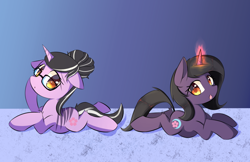 Size: 1024x663 | Tagged: safe, artist:kawaiipony2, oc, oc only, oc:cherry, oc:midnight, pony, unicorn, commission, duo, female, glasses, glowing horn, hair bun, looking at you, mare, open mouth, prone, smiling